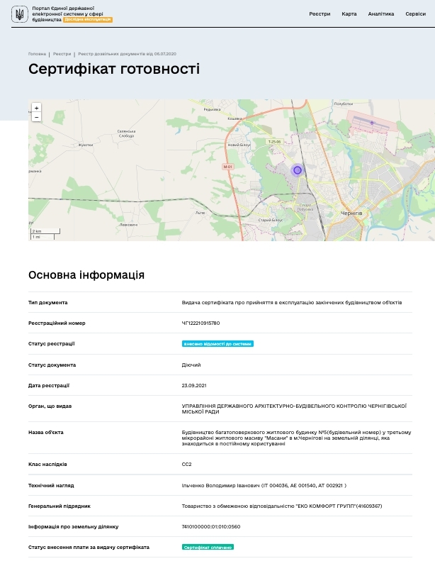 Сертификат о готовности Дом 1, ЖК Парковый