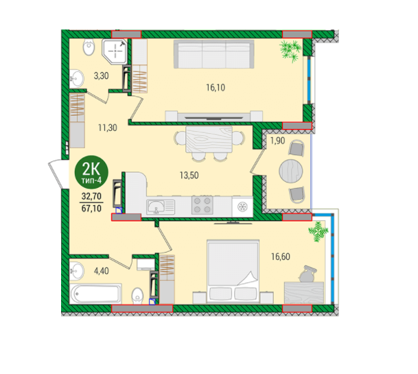 2-комнатная 67.1 м² в ЖК Q-smart от 24 190 грн/м², Киев