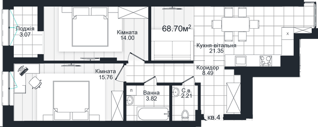 2-комнатная 68.7 м² в ЖК Compass от 25 500 грн/м², Черновцы