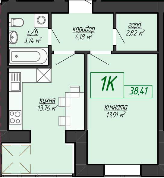 1-комнатная 38.41 м² в ЖК Казацкий от 14 200 грн/м², Ивано-Франковск