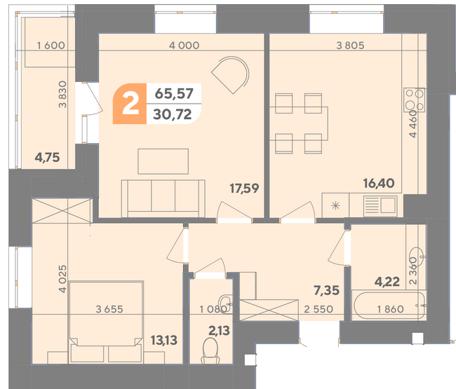 2-комнатная 65.57 м² в ЖК Park Town от 15 100 грн/м², Хмельницкий