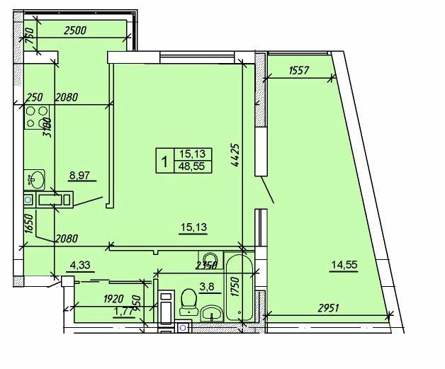 1-комнатная 48.55 м² в ЖК Приозерный от 13 500 грн/м², Хмельницкий