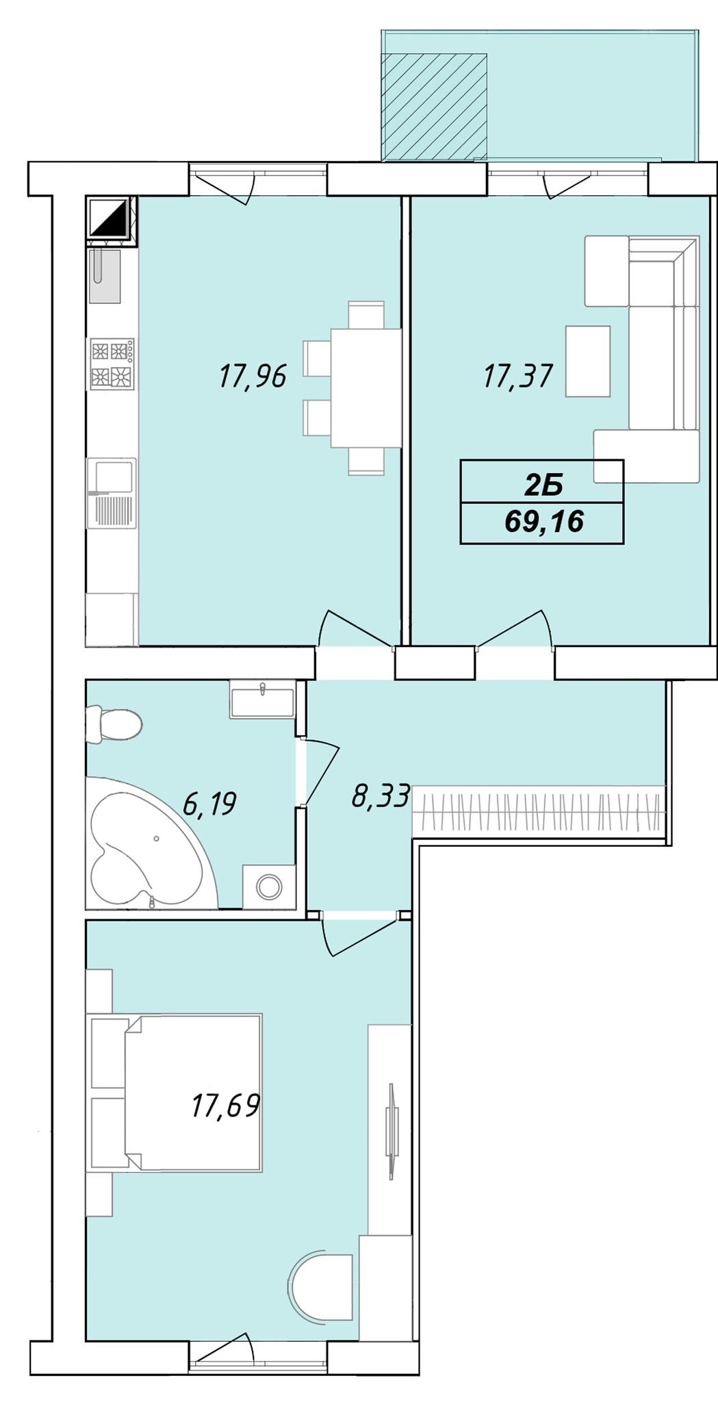 Двухкомнатная планировка квартиры 69.16 м² в ЖК Елецкий, Чернигов — Bild.ua