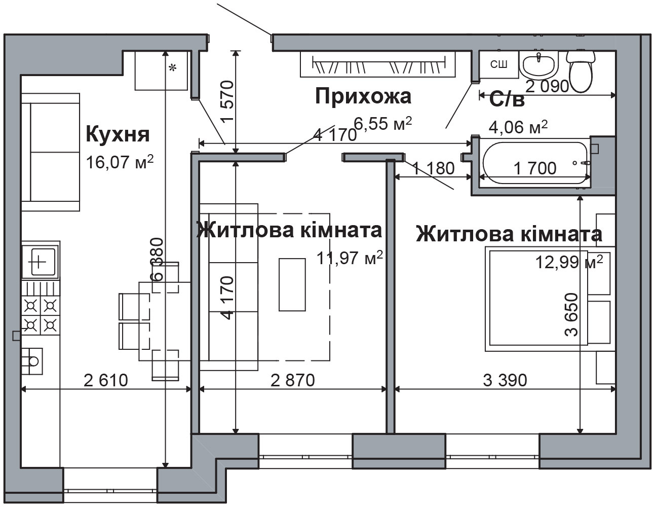 2-кімнатна 51.64 м² в ЖК RODNOY-2 від 22 500 грн/м², с. Гатне