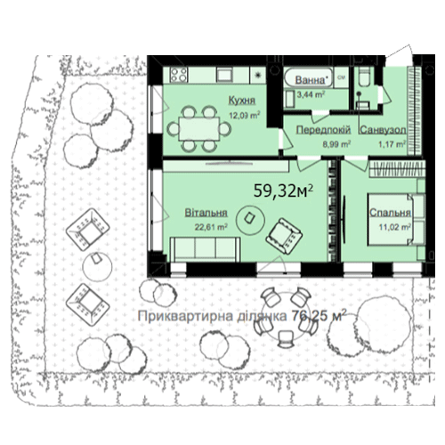 2-комнатная 59.32 м² в ЖК Vlasna от 23 000 грн/м², с. Ходосовка