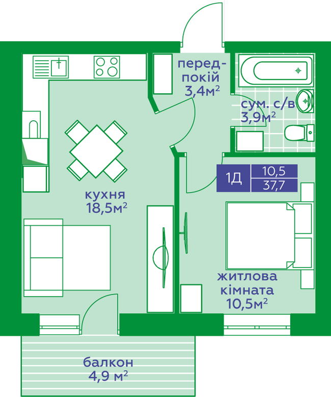 1-кімнатна 37.7 м² в ЖК Квартал Парковий від 18 350 грн/м², м. Обухів
