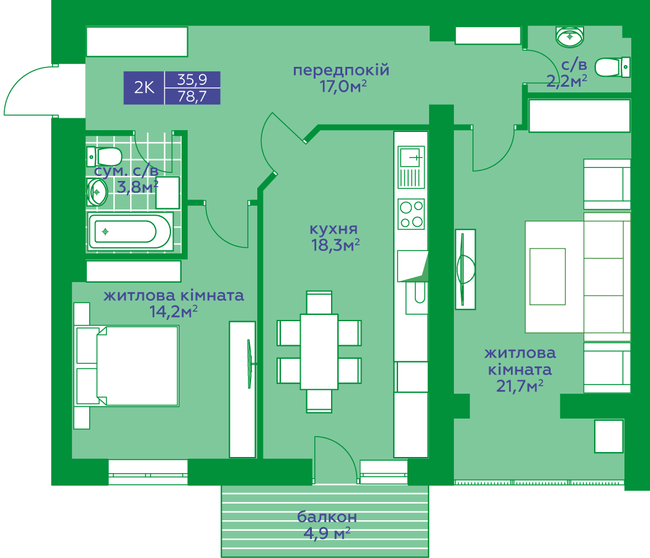 2-кімнатна 78.8 м² в ЖК Квартал Парковий від 15 450 грн/м², м. Обухів