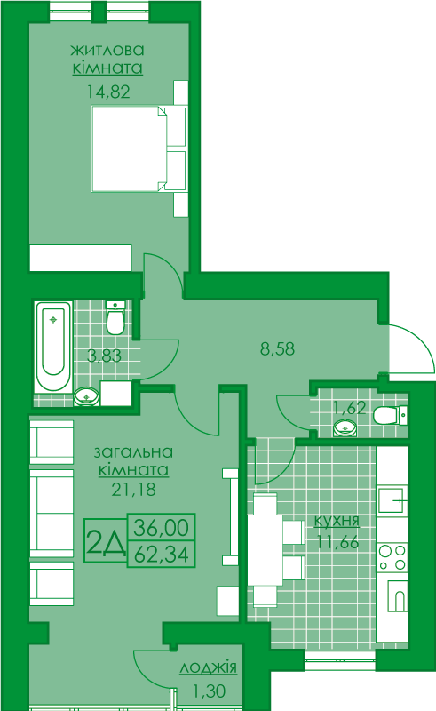 2-кімнатна 62.34 м² в ЖК Київський від 16 300 грн/м², м. Буча