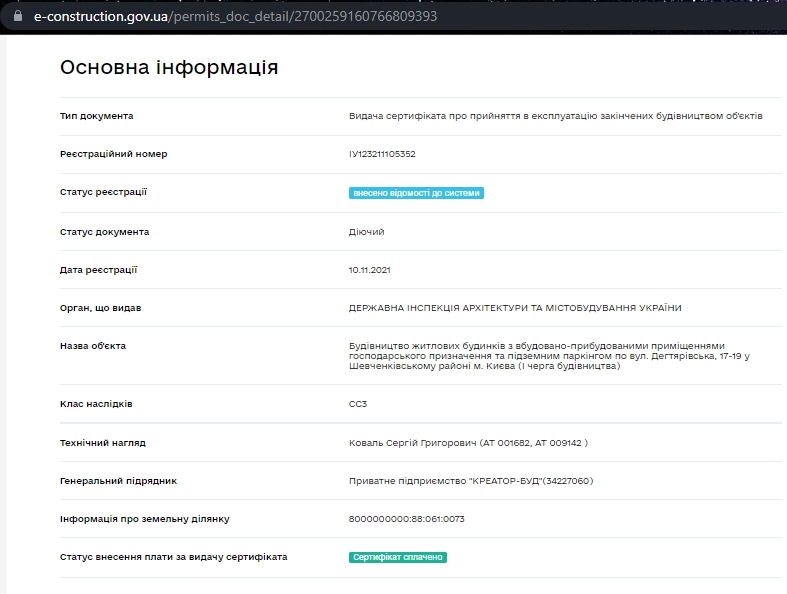 Сертифікат про готовність 1 дом, ЖК Creator City