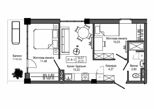 2-кімнатна 50.57 м² в ЖМ ARTVILLE від 23 200 грн/м², смт Авангард