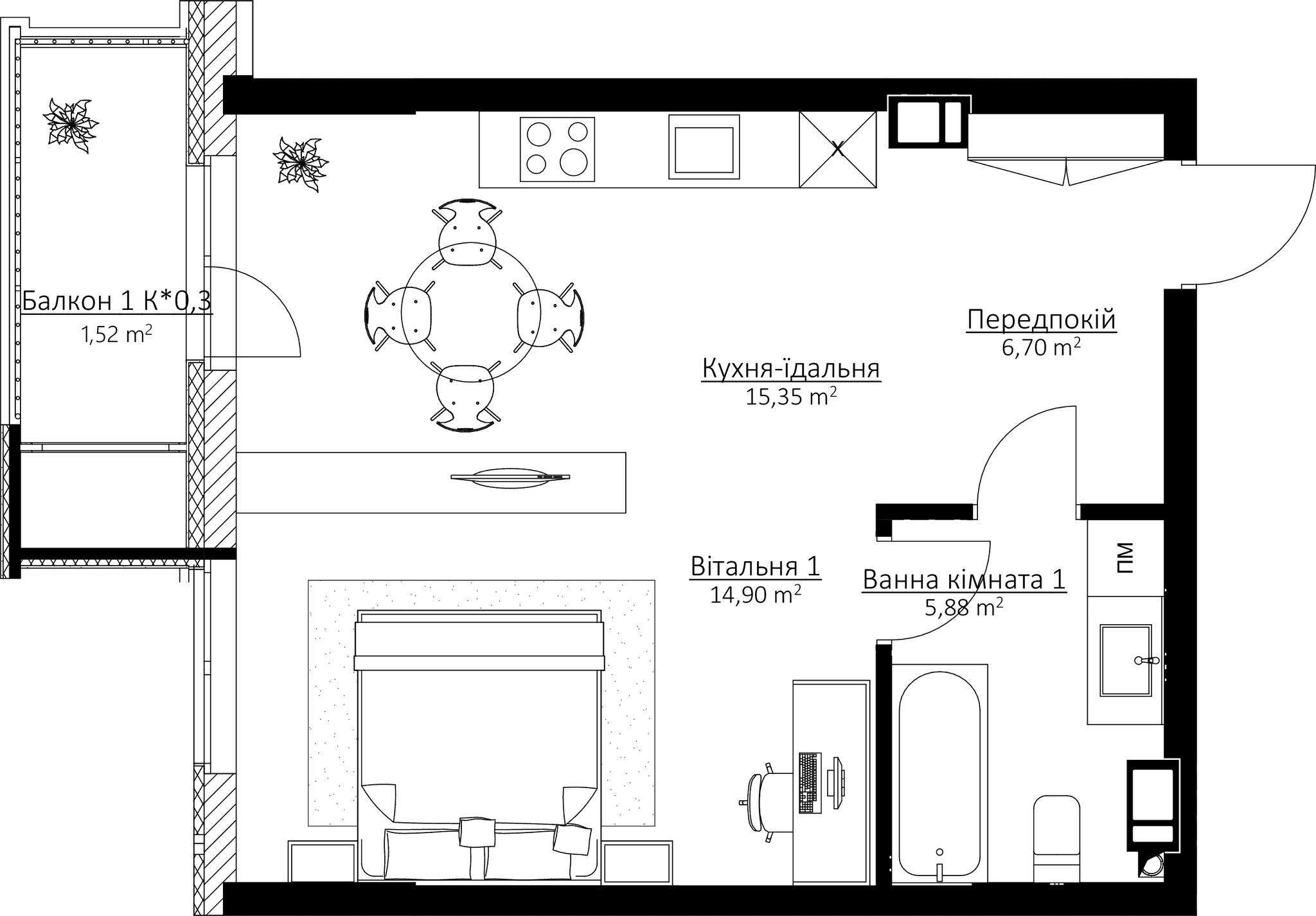 1-кімнатна 44.35 м² в ЖК BOSTON Creative House від 39 967 грн/м², Київ