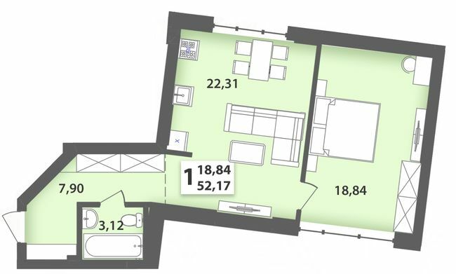 1-кімнатна 52.17 м² в ЖК М'ята Авеню від 19 800 грн/м², м. Винники