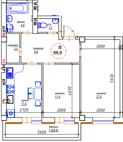 2-комнатная 59.9 м² в ЖК ЯневБуд от 13 950 грн/м², пгт Ивано-Франково
