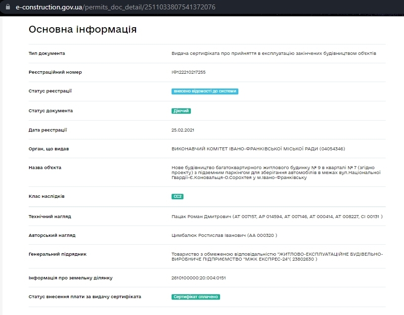 Сертификат о готовности 4 очередь (дом 7.9), ЖК Парковый городок