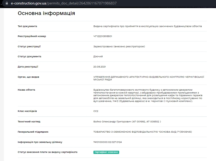 Сертифікат про готовність 2 секция, ЖК Шевченківський