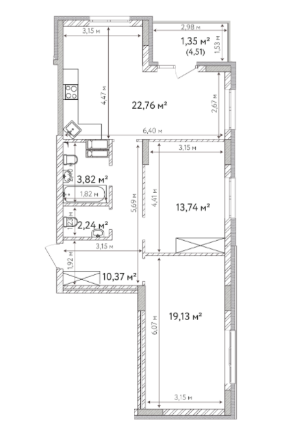 2-кімнатна 73.41 м² в ЖК Krona Park II від 24 500 грн/м², м. Бровари