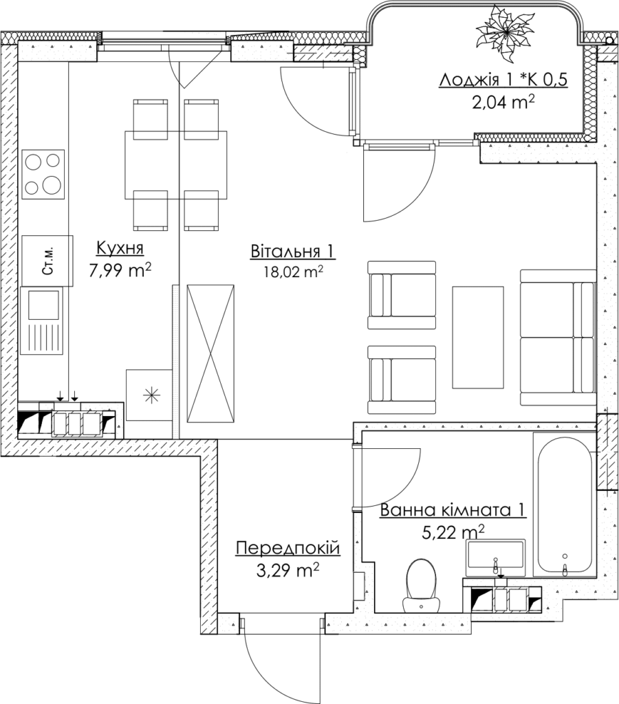 1-кімнатна 36.52 м² в ЖК O2 Residence від 25 254 грн/м², Київ