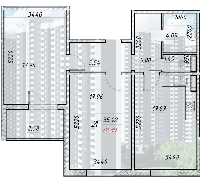 2-кімнатна 72.39 м² в ЖК Деснянський від 21 500 грн/м², Київ