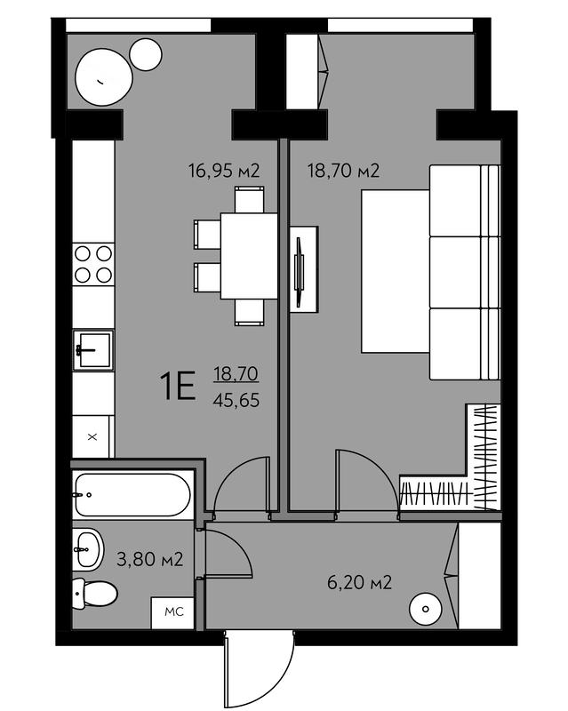 1-комнатная 45.65 м² в ЖК Молодежный городок от 24 000 грн/м², с. Крюковщина