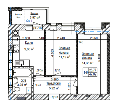2-кімнатна 47.02 м² в ЖК Затишний квартал від 28 500 грн/м², с. Софіївська Борщагівка