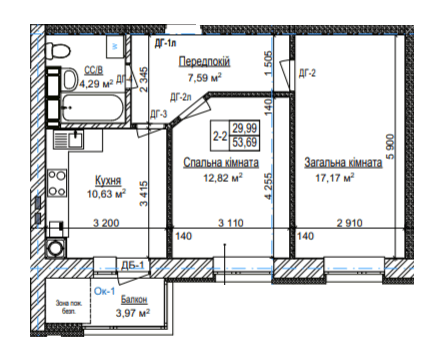 2-кімнатна 53.69 м² в ЖК Затишний квартал від 28 500 грн/м², с. Софіївська Борщагівка
