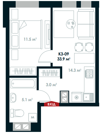 1-комнатная 33.9 м² в ЖК Atria City.Teremky от 24 300 грн/м², пгт Чабаны
