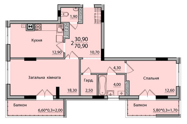 2-комнатная 70.9 м² в ЖК Панорама от 18 200 грн/м², Черновцы