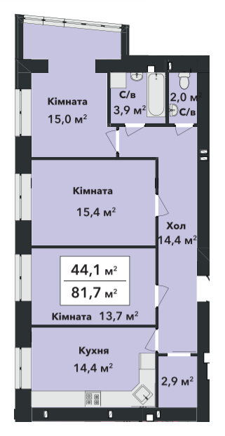 3-комнатная 81.7 м² в ЖК Перлина Проскурова-3 от 16 800 грн/м², Хмельницкий