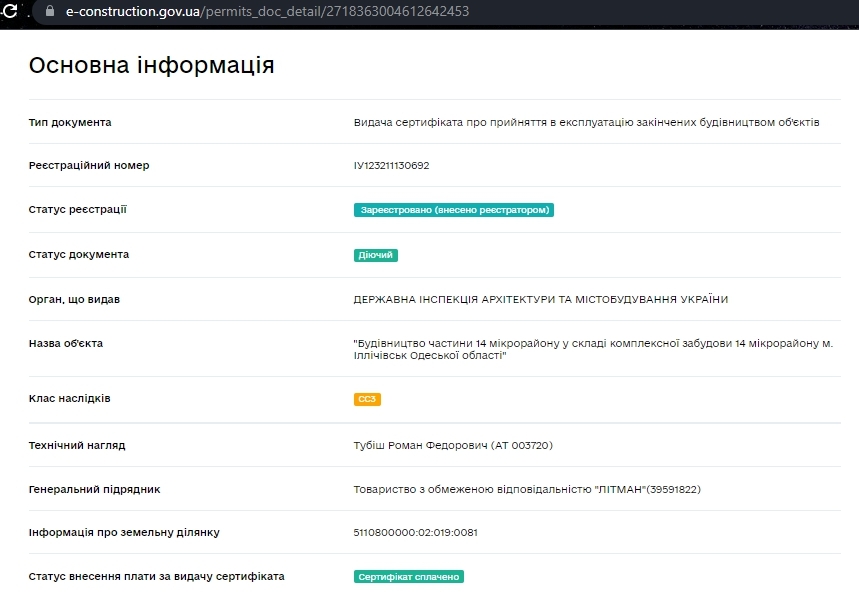 Сертифікат про готовність Дом 4, ЖК Кольоровий бульвар