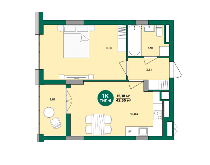 1-кімнатна 42.53 м² в ЖК Wellspring від 25 150 грн/м², м. Вишневе