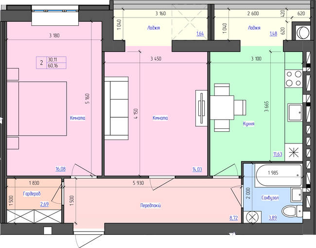 2-кімнатна 60.16 м² в ЖК Атлант від 17 500 грн/м², Луцьк
