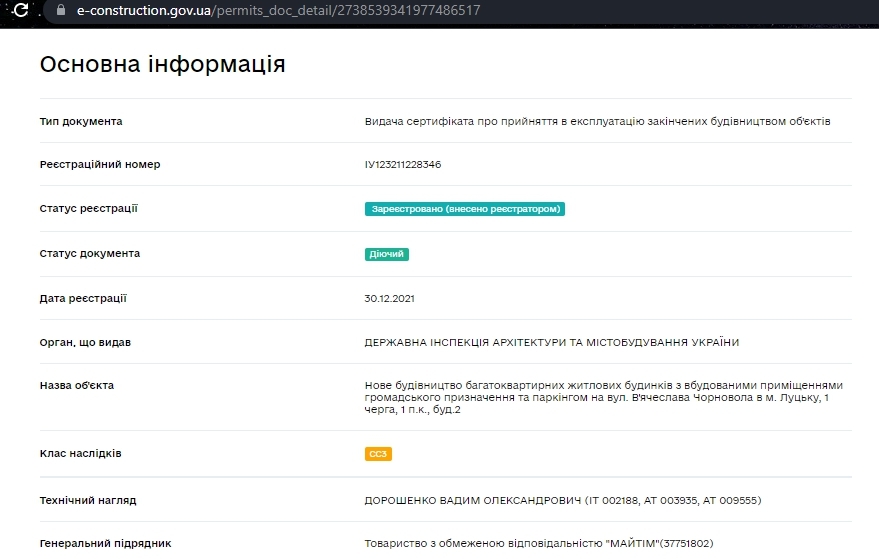 Сертифікат про готовність Дом 2, ЖК Оселя Парк