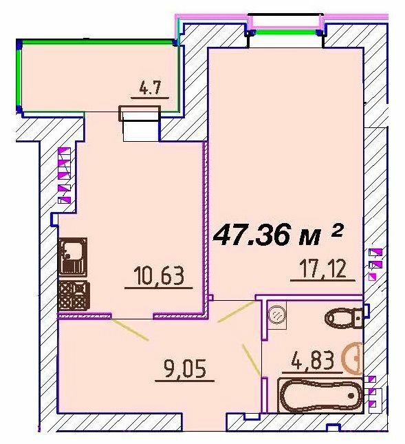 1-комнатная 47.36 м² в ЖК Графський от 19 500 грн/м², Черкассы
