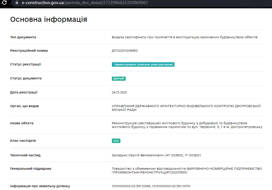 Сертифікат про готовність Дом 1, ЖК Троїцький