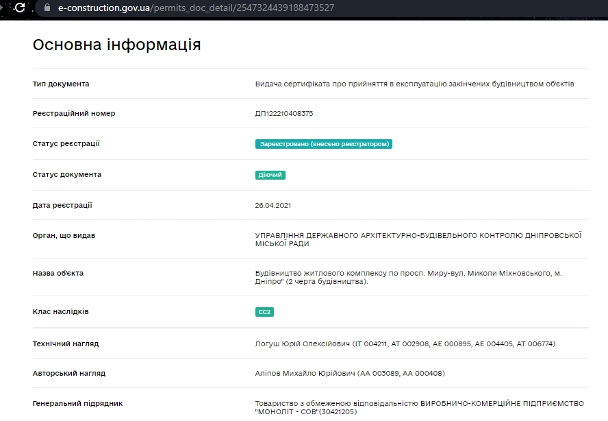 Сертифікат про готовність Секция 2, ЖК Suncity
