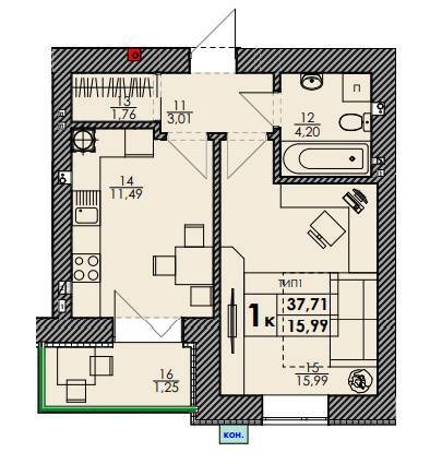 1-комнатная 37.71 м² в ЖК Park Residence от 24 000 грн/м², с. Софиевская Борщаговка
