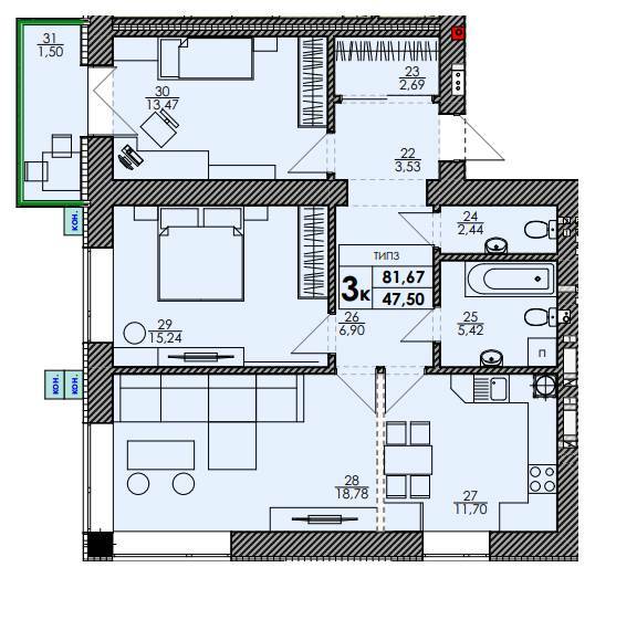 3-комнатная 81.67 м² в ЖК Park Residence от 23 200 грн/м², с. Софиевская Борщаговка