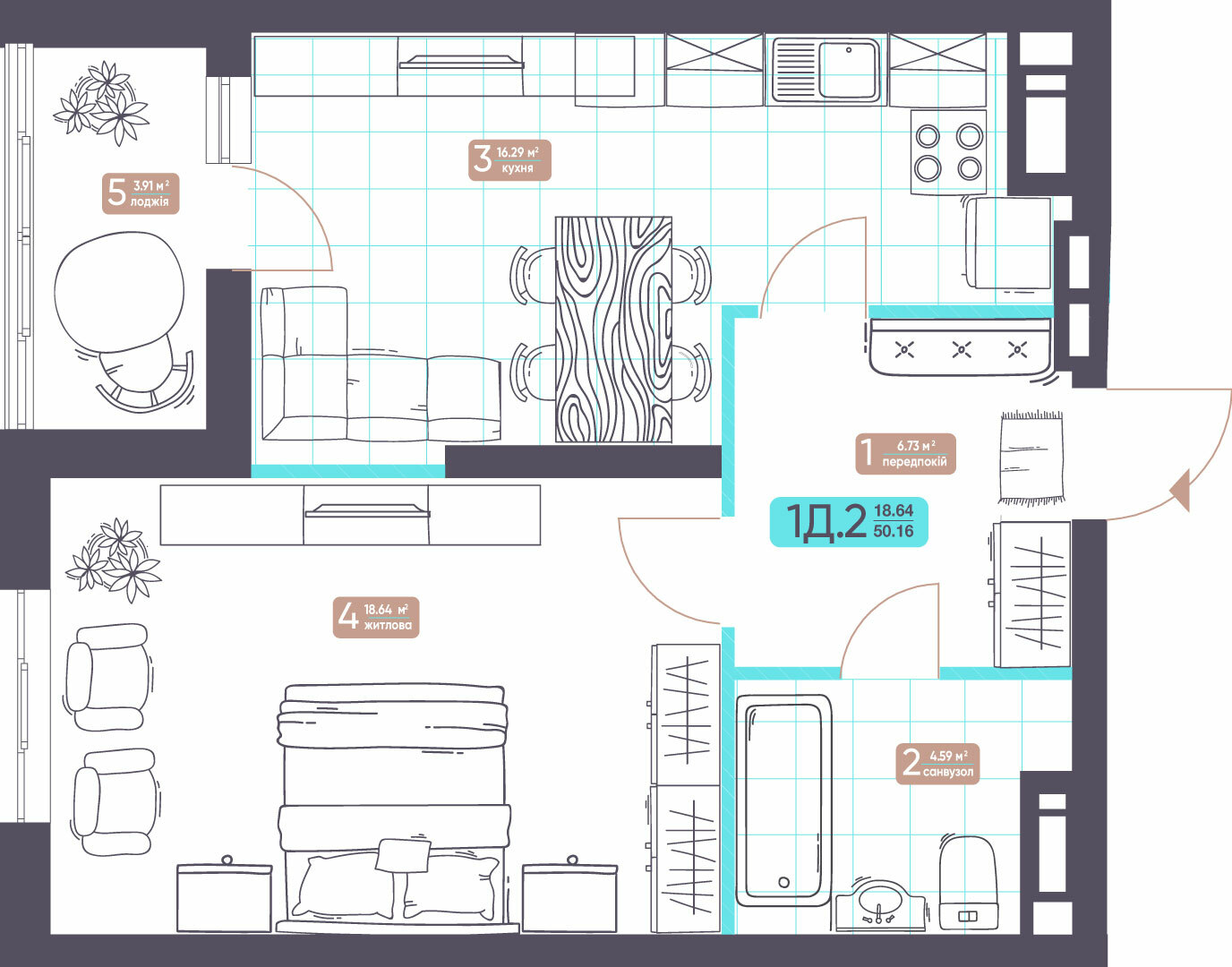 1-кімнатна 50.16 м² в ЖК Теремки від 36 410 грн/м², Київ