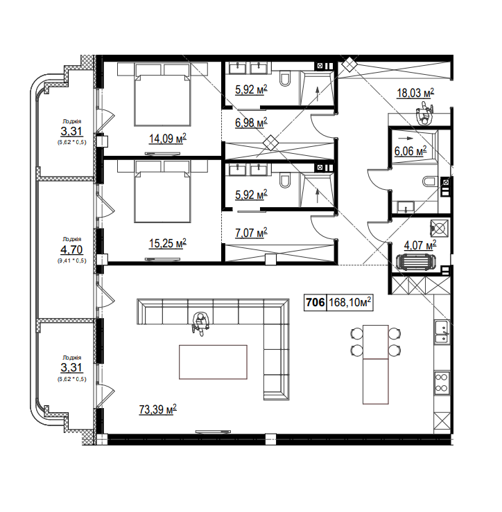 3-кімнатна 168.1 м² в КК Chateau Grand від 57 820 грн/м², Одеса