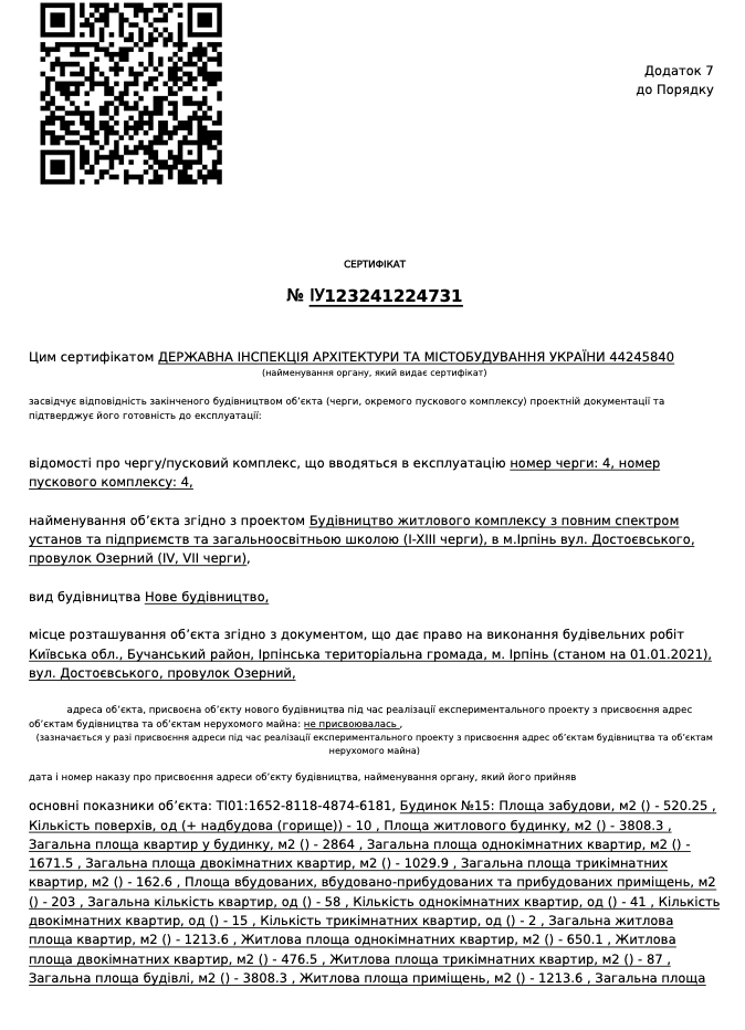 Сертифікат про готовність Дом 15, ЖК Синергія Сіті