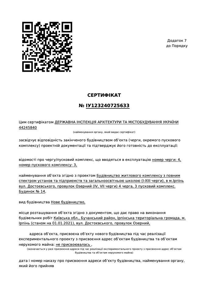 Сертифікат про готовність Дом 14, ЖК Синергія Сіті