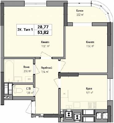 2-кімнатна 53.82 м² в ЖК Чорновола від забудовника, м. Вишневе