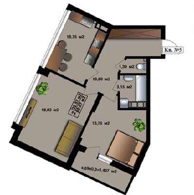2-комнатная 60.07 м² в ЖК Квитневый Residence от застройщика, г. Вышгород