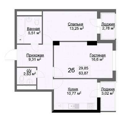 2-кімнатна 63.87 м² в ЖК Журавлі від 26 800 грн/м², Харків