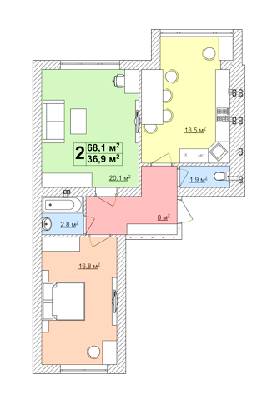 2-комнатная 68.1 м² в ЖК Спутник-Теремки от застройщика, с. Гатное