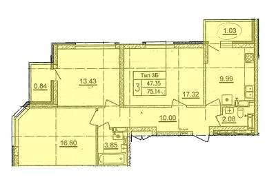 3-комнатная 75.14 м² в ЖД просп. Отрадный, 2 (просп. Комарова, 1) от застройщика, Киев
