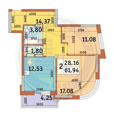 2-комнатная 61.94 м² в ЖК Медовый от 22 167 грн/м², Киев