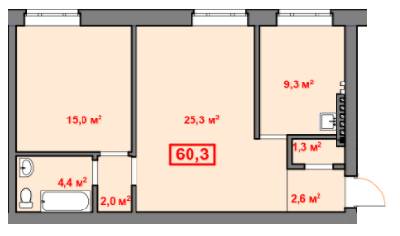 2-комнатная 60.3 м² в КД Княжеский от 16 910 грн/м², Днепр