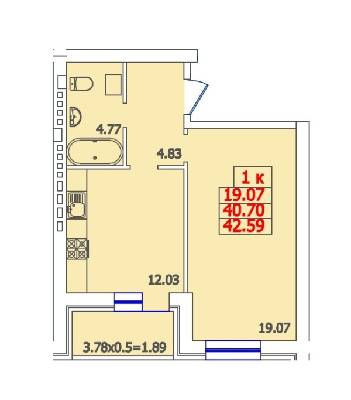 1-комнатная 42.59 м² в ЖК Молодежный от застройщика, с. Молодежное