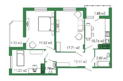 3-комнатная 79.66 м² в ЖК Банковский от застройщика, г. Борисполь